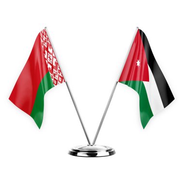 Two table flags isolated on white background 3d illustration, belarus and jordan