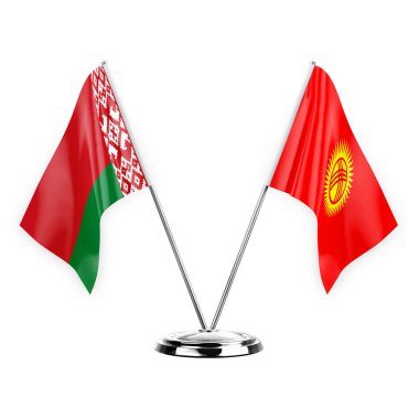 Two table flags isolated on white background 3d illustration, belarus and kyrgyzstan
