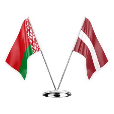 Two table flags isolated on white background 3d illustration, belarus and latvia