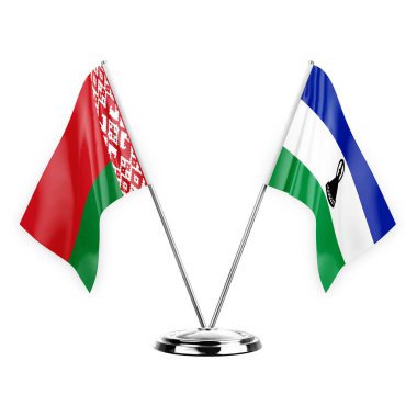 Two table flags isolated on white background 3d illustration, belarus and lesotho