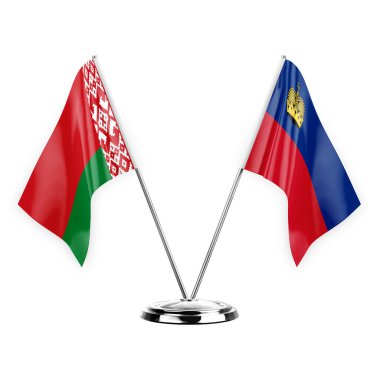 Two table flags isolated on white background 3d illustration, belarus and liechtenstein