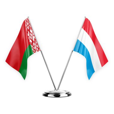 Two table flags isolated on white background 3d illustration, belarus and luxembourg