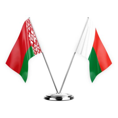 Two table flags isolated on white background 3d illustration, belarus and madagascar
