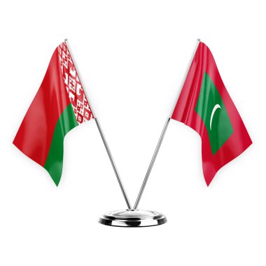 Two table flags isolated on white background 3d illustration, belarus and maldives
