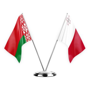 Two table flags isolated on white background 3d illustration, belarus and malta