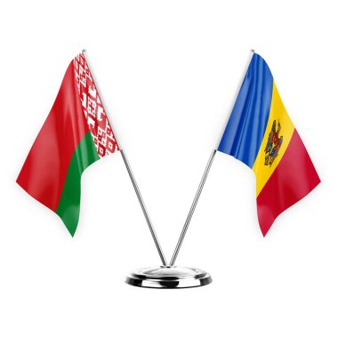 Two table flags isolated on white background 3d illustration, belarus and moldova