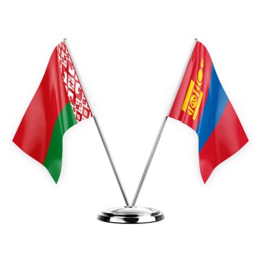 Two table flags isolated on white background 3d illustration, belarus and mongolia
