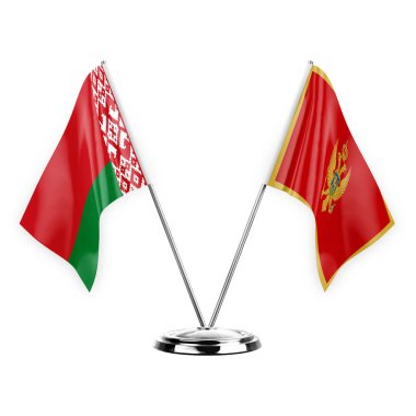 Two table flags isolated on white background 3d illustration, belarus and montenegro
