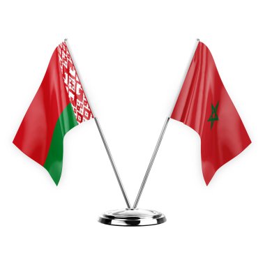 Two table flags isolated on white background 3d illustration, belarus and morocco