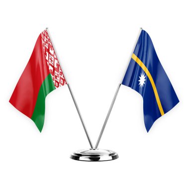 Two table flags isolated on white background 3d illustration, belarus and nauru