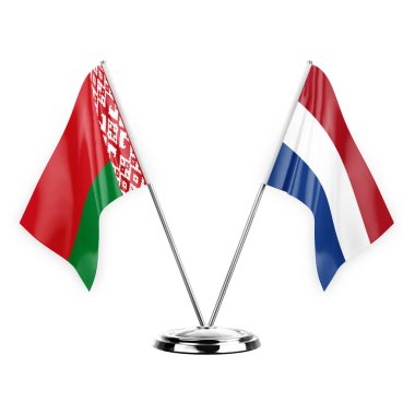 Two table flags isolated on white background 3d illustration, belarus and netherlands