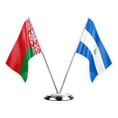Two table flags isolated on white background 3d illustration, belarus and nicaragua