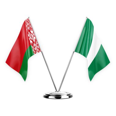 Two table flags isolated on white background 3d illustration, belarus and nigeria