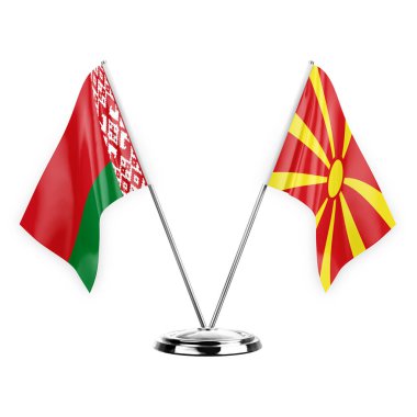 Two table flags isolated on white background 3d illustration, belarus and north macedonia