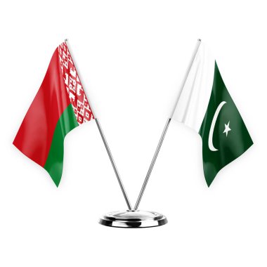 Two table flags isolated on white background 3d illustration, belarus and pakistan