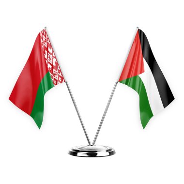 Two table flags isolated on white background 3d illustration, belarus and palestine