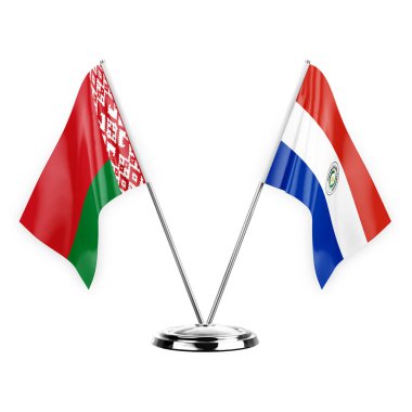 Two table flags isolated on white background 3d illustration, belarus and paraguay