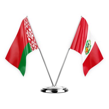 Two table flags isolated on white background 3d illustration, belarus and peru