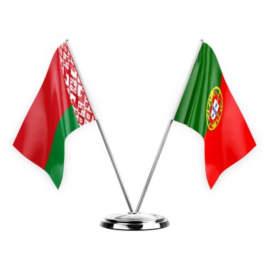 Two table flags isolated on white background 3d illustration, belarus and portugal