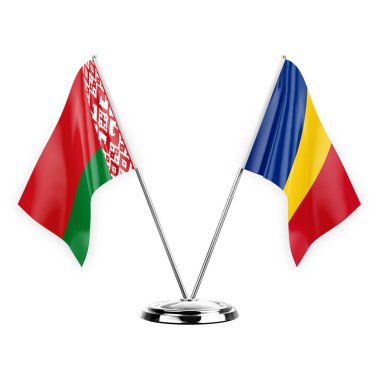 Two table flags isolated on white background 3d illustration, belarus and romania