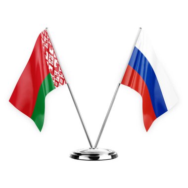 Two table flags isolated on white background 3d illustration, belarus and russia