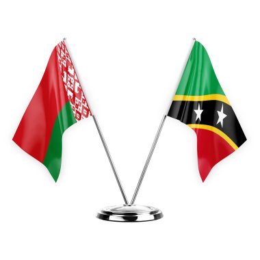 Two table flags isolated on white background 3d illustration, belarus and saint kitts and venis