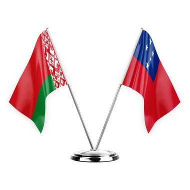 Two table flags isolated on white background 3d illustration, belarus and samoa