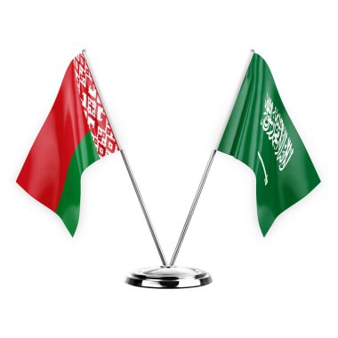 Two table flags isolated on white background 3d illustration, belarus and saudi arabia