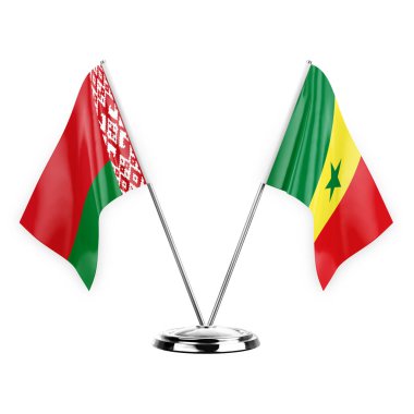 Two table flags isolated on white background 3d illustration, belarus and senegal