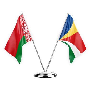 Two table flags isolated on white background 3d illustration, belarus and seychelles