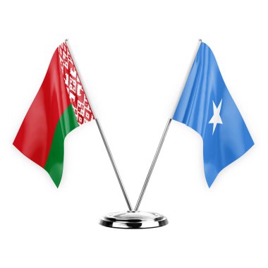 Two table flags isolated on white background 3d illustration, belarus and somalia
