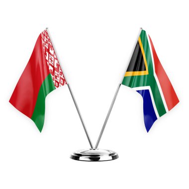 Two table flags isolated on white background 3d illustration, belarus and south africa