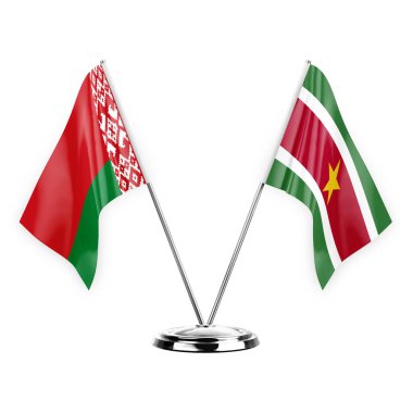 Two table flags isolated on white background 3d illustration, belarus and suriname