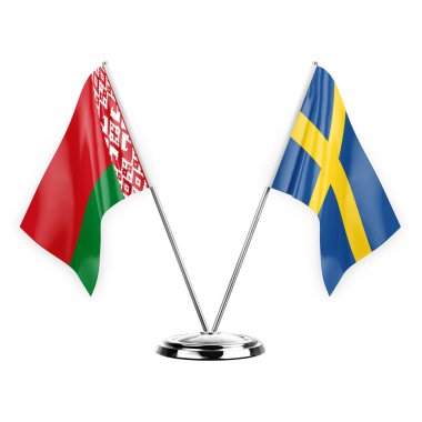 Two table flags isolated on white background 3d illustration, belarus and sweden