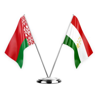 Two table flags isolated on white background 3d illustration, belarus and tajikistan