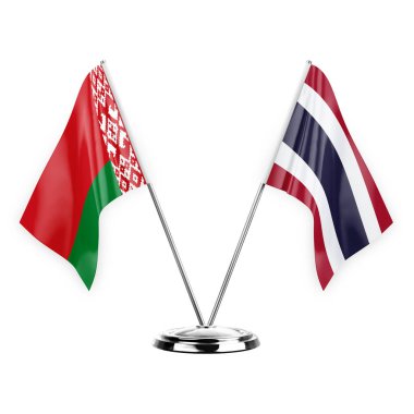 Two table flags isolated on white background 3d illustration, belarus and thailand