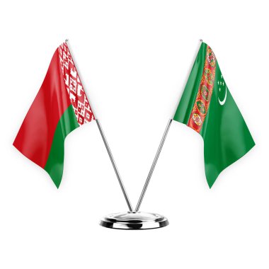 Two table flags isolated on white background 3d illustration, belarus and turkmenistan