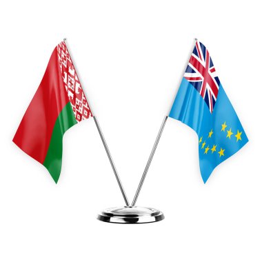 Two table flags isolated on white background 3d illustration, belarus and tuvalu