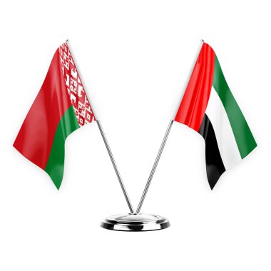 Two table flags isolated on white background 3d illustration, belarus and united arab emirates