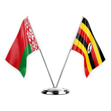 Two table flags isolated on white background 3d illustration, belarus and uganda