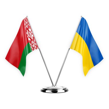 Two table flags isolated on white background 3d illustration, belarus and ukraine