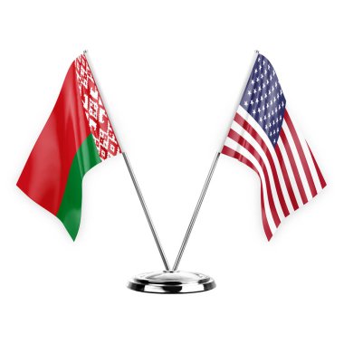 Two table flags isolated on white background 3d illustration, belarus and usa