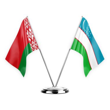 Two table flags isolated on white background 3d illustration, belarus and uzbekistan