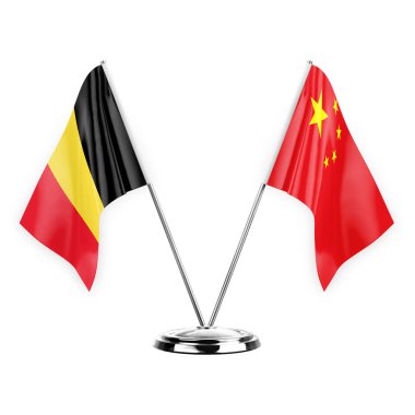 Two table flags isolated on white background 3d illustration, belgium and china
