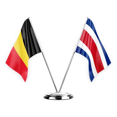 Two table flags isolated on white background 3d illustration, belgium and costa rica