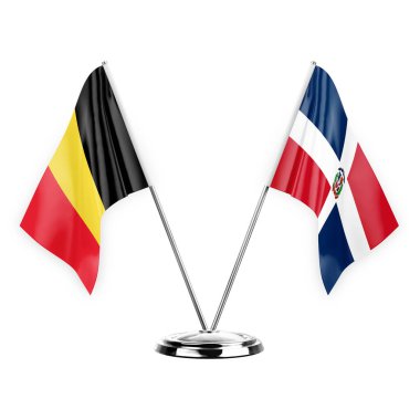 Two table flags isolated on white background 3d illustration, belgium and dominican republic