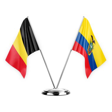 Two table flags isolated on white background 3d illustration, belgium and ecuador