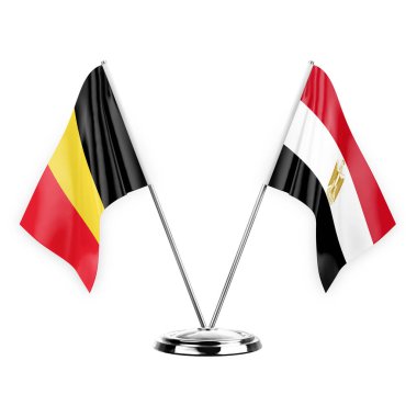 Two table flags isolated on white background 3d illustration, belgium and egypt