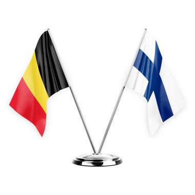 Two table flags isolated on white background 3d illustration, belgium and finland
