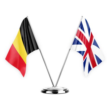 Two table flags isolated on white background 3d illustration, belgium and britain